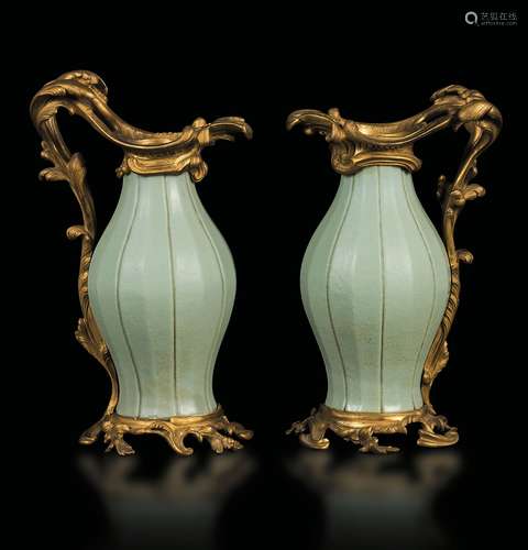 A pair of Celadon porcelain grooved vases with gilt bronze  ...