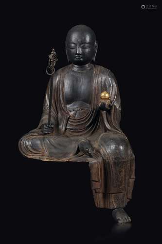 A wooden figure of seated Kasyapa with khakkhara, China, Ming  ...