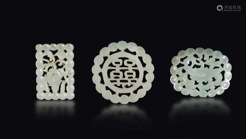 Three fretworked white jade plaques, China, Qing Dynasty,  ...