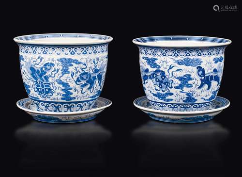 Two blue and white Pho dog jardini鑢es, China, Qing Dynasty,  ...