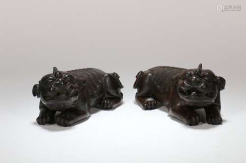 A Pair of Chinese Carved Hardwood Animal Decoration