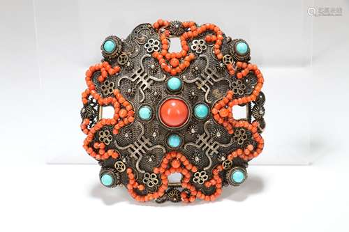 A Chinese Silver Pin with Coral and Turquois