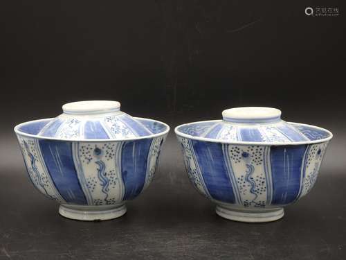 A Pair of Chinese Blue and White Porcelain Cups with Cover