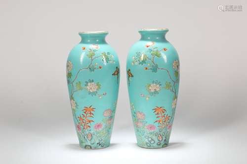 A Pair of Chinese Famille-Rose Porcelain Wall Vases