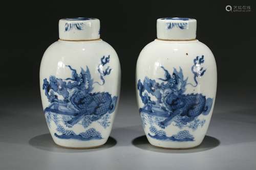 A Pair of Blue and White Porcelain Jars with Foo-Dog Pattern