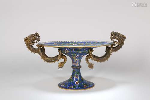 A Chinese Cloisonne Tazza with Gilt Bronze Dragon Handle