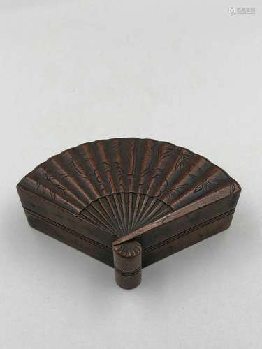 A Chinese Carved Boxwood Fan-Shape Box