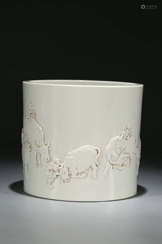 A Chinese Caved White Glazed Porcelain Brush Pot