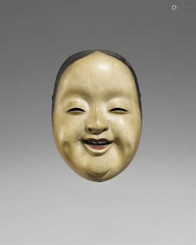 Kyôgen-Maske vom Typ Okame. Holz, farbig gefasst. 18./19. Jh.