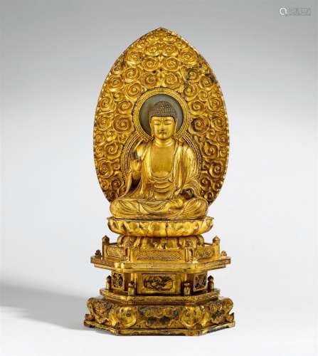 Buddha Amida Nyorai. Holz, über Schwarzlack vergoldet. 18./19. Jh.