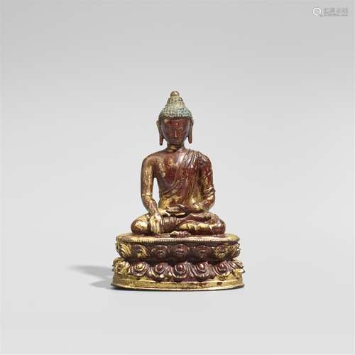 Buddha Shakyamuni. Kupferlegierung, über Rotlack vergoldet. Tibet. 17. Jh.