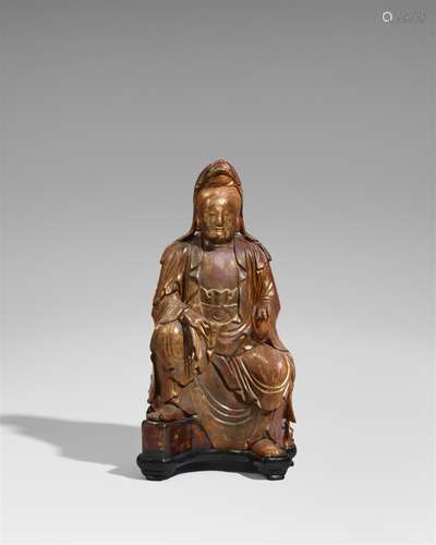 Große Figur eines Guanyin. Holz mit Lackfassung. 18. Jh.