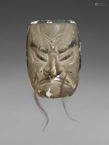 Maske eines grimmigen Mannes. Kiri-Holz, farbig gefasst. Edo-Zeit