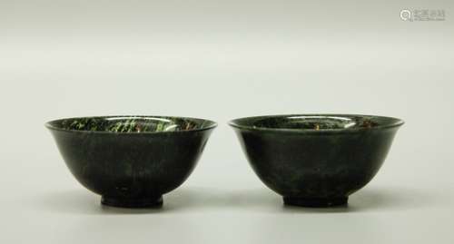 Pair of Spinach Jade Carved Bowls