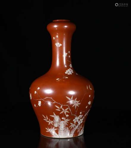 Chinese Iron Red Porcelain Vase, Marked