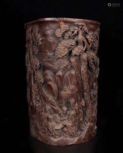 Chinese Carved Wood Brush Pot,of Multiple Old Man