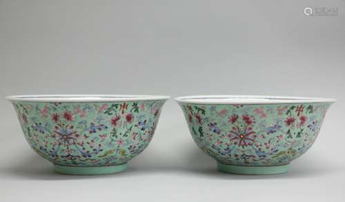 Pair of Chinese Turquoise Glazed Famille Rose Bowl