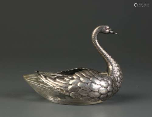 A Silver and Crystal Salt Dish in Form of Swan