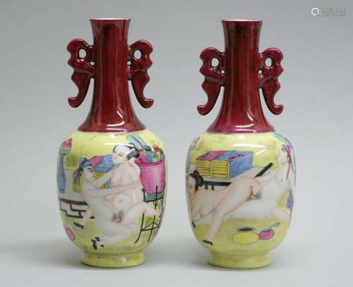 Pair of Chinese Erotic Scene Porcelain Vases