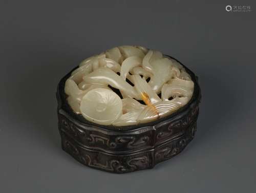 Chinese Carved Wood Box w/ Jade Plaque Inlaid