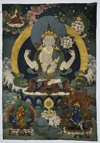 Tibetan Thangka 4 Arms Guanyin