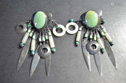 Pair Chinese 19th C Turquoise and Jade Earrings