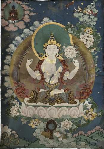 Tibetan Thangka of Four Arms Guanyin