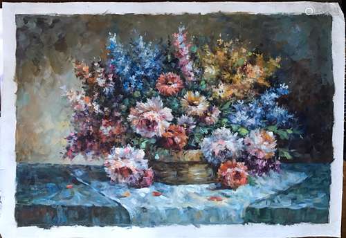 Oil on canvas of blue flowers