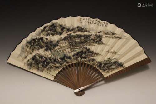 Chinese Ink Landscape Fan Painting w Calligraphy