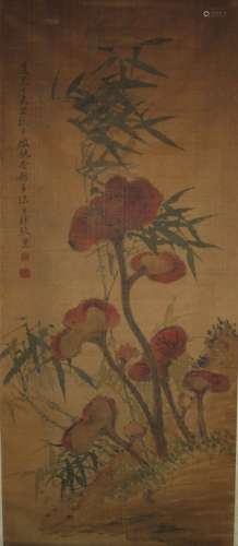 Chinese Ink&Color Flowers Scroll Painting, Signed