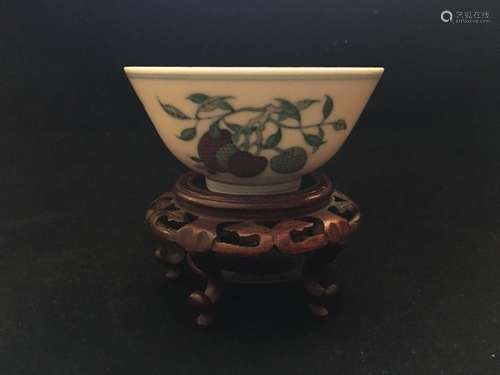 Chinese Famille Rose Bowl w wood Stand, Mark