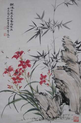 Chinese Ink&Color Flowers Scroll Painting, Signed