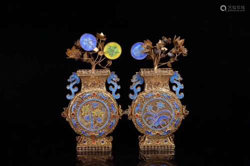 Qing Pair ofChinese Silver Gilt Vase w Lapiz&Agate