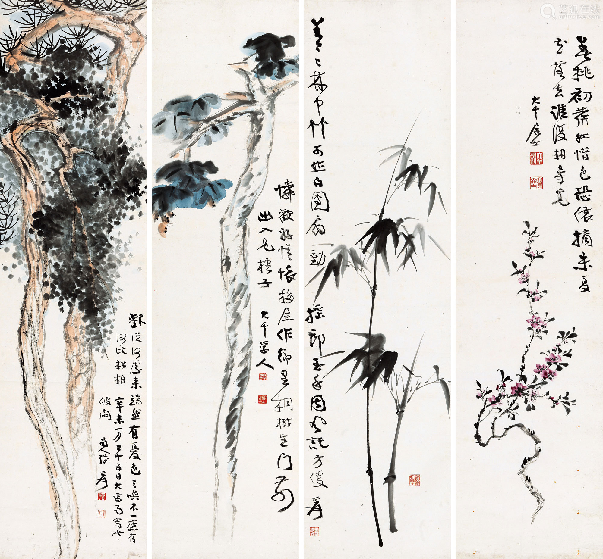 张大千辛未 1931年 作四季花卉四屏立轴设色纸本 水墨纸本 Deal Price Picture