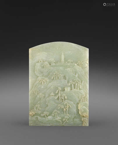 18th/19th century A FINE PALE GREENISH-WHITE JADE SCREEN WITH CARVED LANDSCAPE