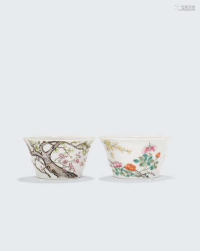Qianlong marks, Republic period Two flower-decorated porcelain cups