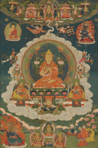 Central Tibet, 19th century A thangka of Tsongkhapa emanating from Maitreya