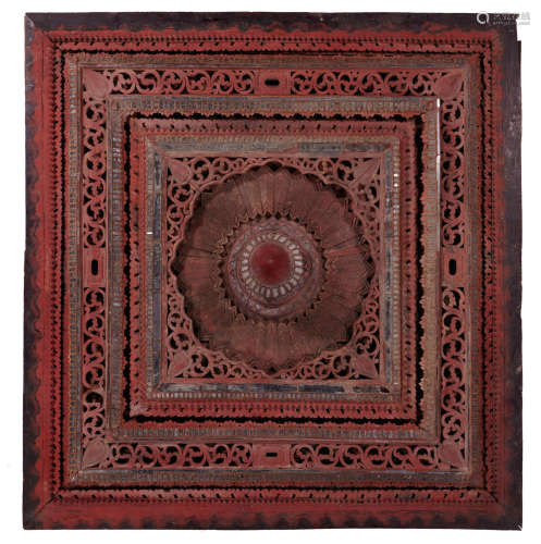 Myanmar, late 19th-early 20th century A large glass inlaid and lacquered wood ceiling panel
