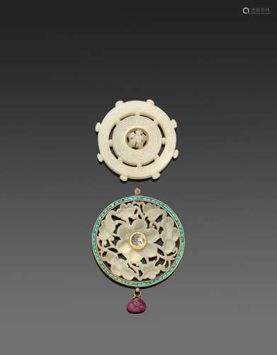 Two carved jade circular pendants