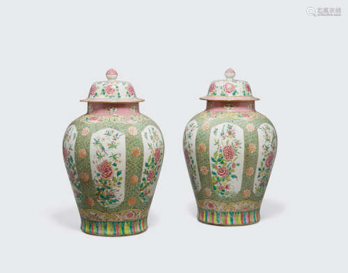 Republic period A pair of famille rose enameled porcelain ginger jars with lids