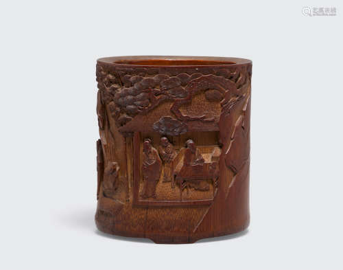 18th century A fine bamboo brush pot with figural decoration