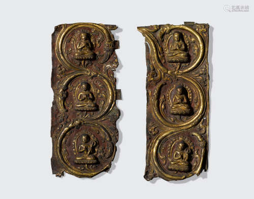 Tibet, circa 16th century Two gilt copper alloy repoussé plaques