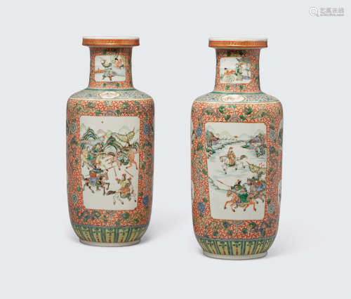 Republic period A pair of famille verte enameled rouleau vases