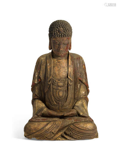 17th century A large carved wood seated figure of the Buddha