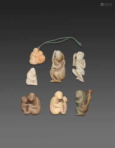 A group of seven jade and hardstone models of monkeys