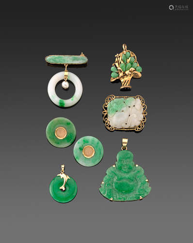 A group of jadeite-mounted jewelry