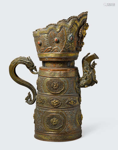 Nepal, 20th century A GILT COPPER REPOUSSÉ EWER