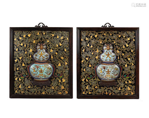 20th century A pair of polychrome enameled metal and lacquered wood Da Ji wall panels