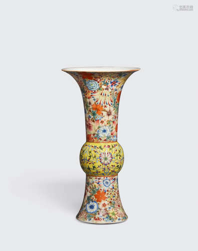 Late Qing/Republic period A FAMILLE JAUNE AND MILLEFLEUR GU-FORM VASE