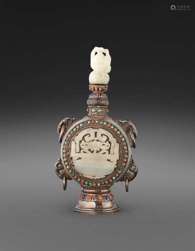 Republic period A jade-mounted Mongolian silver flask